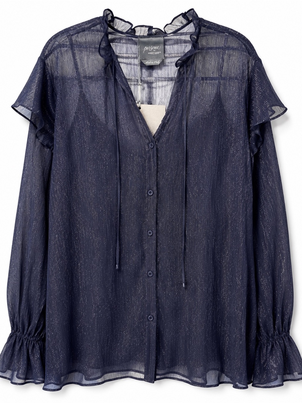 NWT Marina Rinaldi Persona Max Mara Group Navy Metallic Sheer Ruffle Blouse